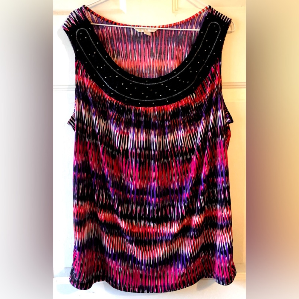 Laura Ashley Pink Purple Black Abstract Braided Neckline Sleeveless Knit Top 1X
